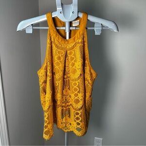 Paper Crane for Anthropologie Mustard Lace Blouse L | Boho Sleeveless Top